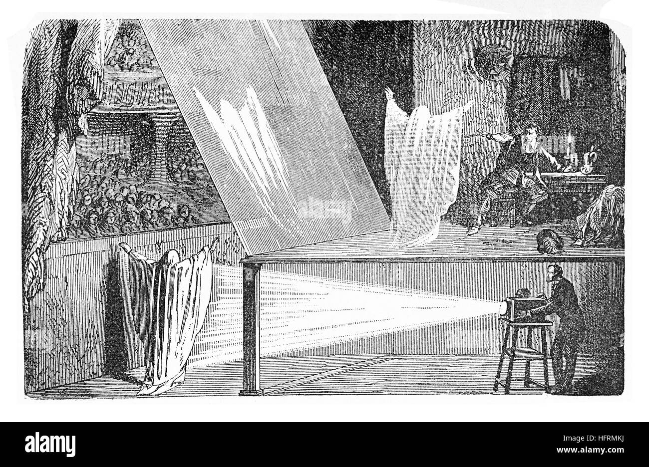 John Pepper illusion optique réalisée dans le théâtre ; tout à coup, un ghost apparaît en fondu et out. Une salle bleue est placé sur un côté de la scène où un verre plat reflète le point de vue de la chambre bleue. Utilisé également pour les effets de morphing Banque D'Images
