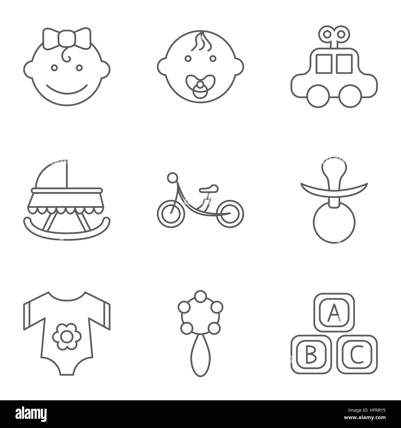 Les bébé télévision vector icon set pour le web et les applications mobiles. L'ensemble inclut - garçon, fille, bébé, voiture, location, mamelon, vêtements, hochet, blocs. Il Illustration de Vecteur
