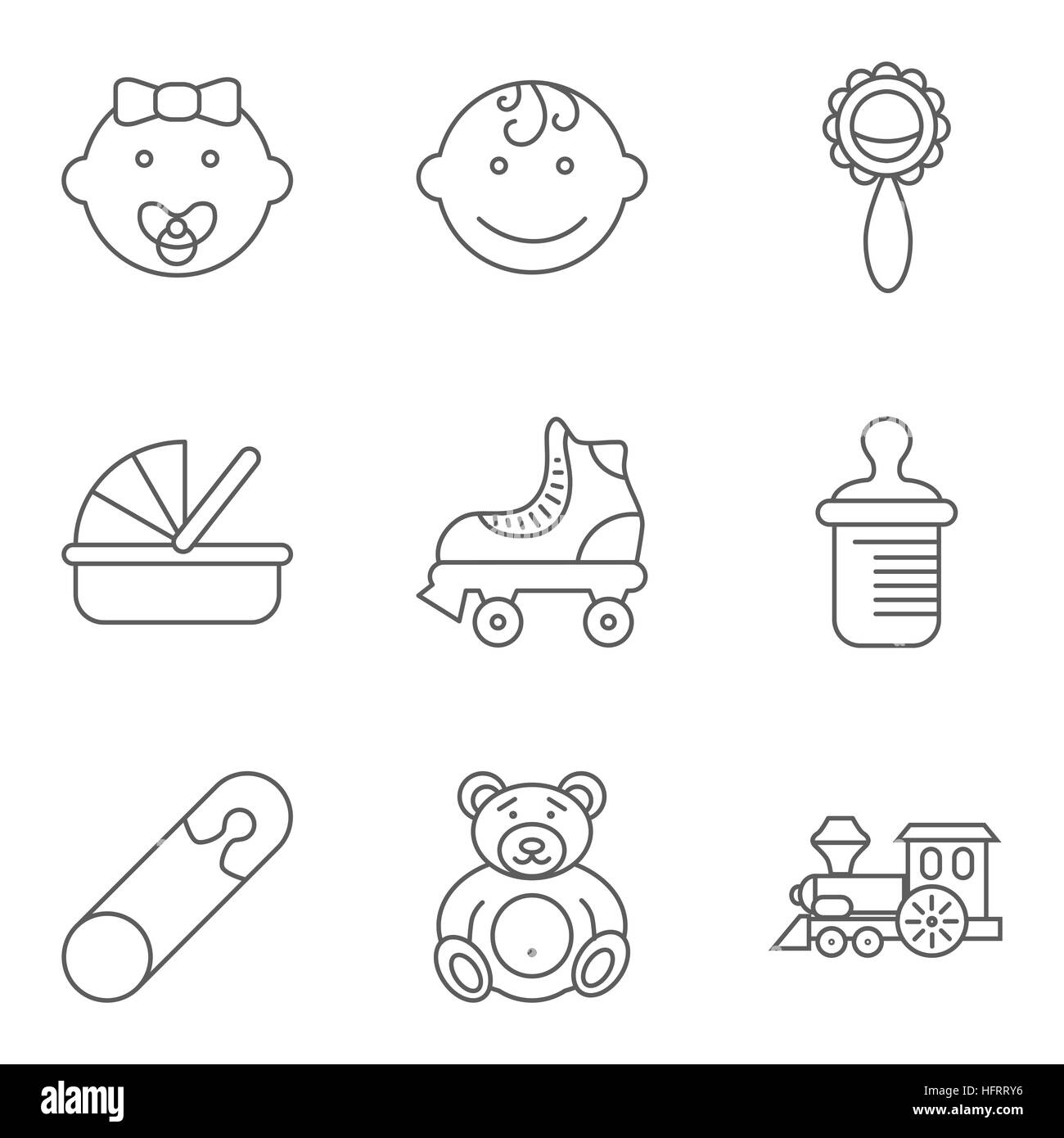 Les bébé télévision vector icon set pour le web et les applications mobiles. L'ensemble inclut - garçon, fille, hochet, lit-bébé, roller skate, biberon, broche, ours, tr Illustration de Vecteur