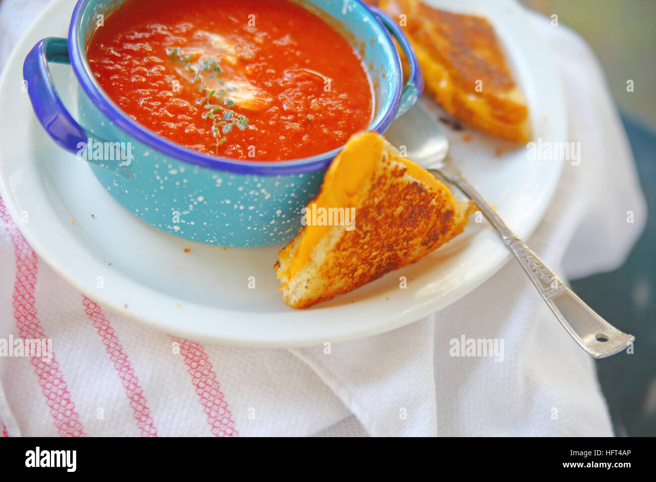 Tasse de soupe à la tomate avec du thym et de sandwich au fromage grillé Banque D'Images