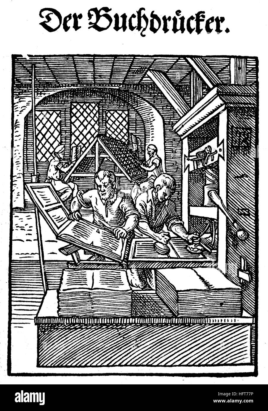 L'imprimeur de livres, Der Buchdrucker, Woodcut de la, Das Ständebuch, une célèbre série de coupes de bois des métiers d'Amman, 1568, Allemagne, artisanat, travail, artisan, coupe de bois de l'année 1885, numérique amélioré Banque D'Images
