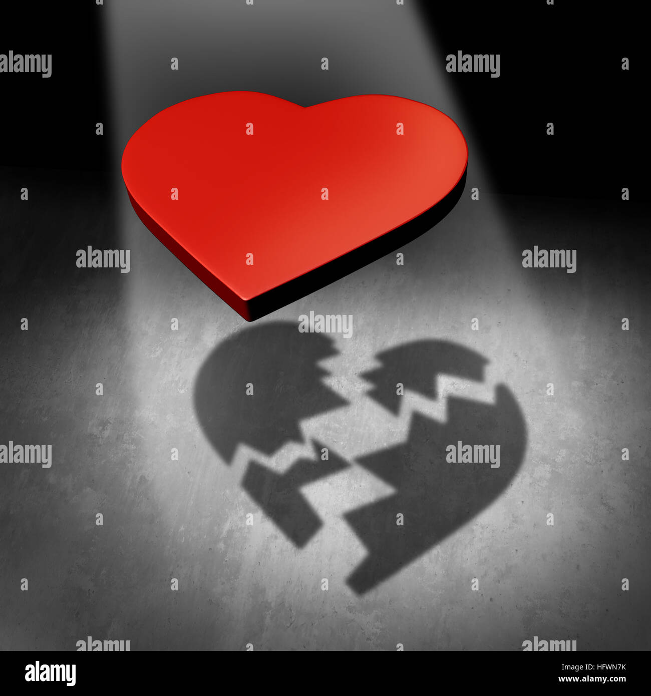Broken love concept et valentine relation liquidation ou un couple divorce et séparation métaphore comme un cœur rouge jette une ombre en morceaux comme un Banque D'Images