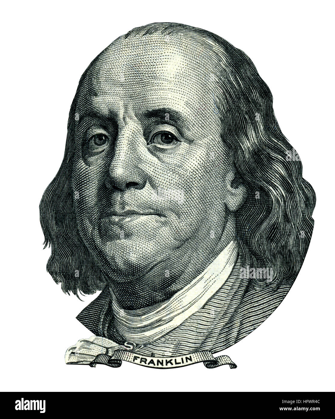 Portrait d'homme d'État américain, inventeur, diplomate et Benjamin Franklin comme il a l'air sur one hundred dollar bill avers. chemin de détourage inclus. Banque D'Images