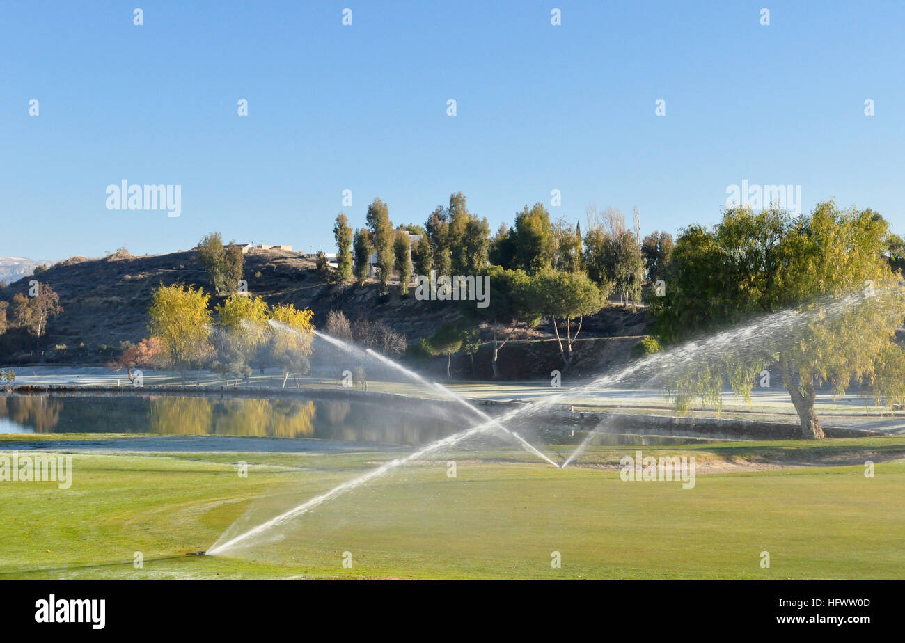 Arrosage arroseurs sur un terrain de golf Banque D'Images