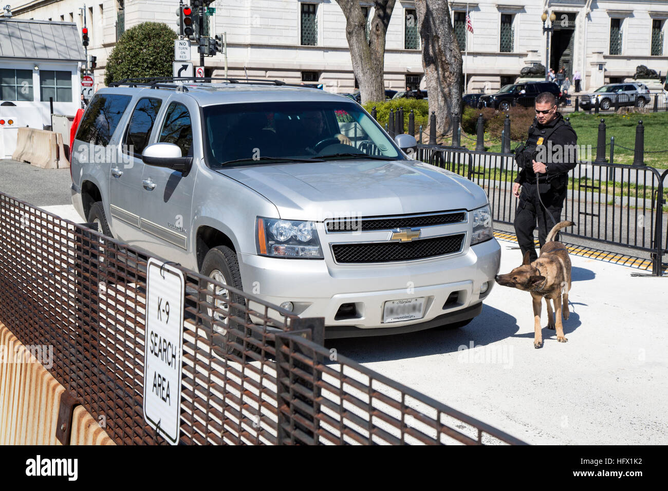 K-9-bombe chien renifleur autour du périmètre de sécurité de la Maison Blanche. Washington, D.C. Banque D'Images