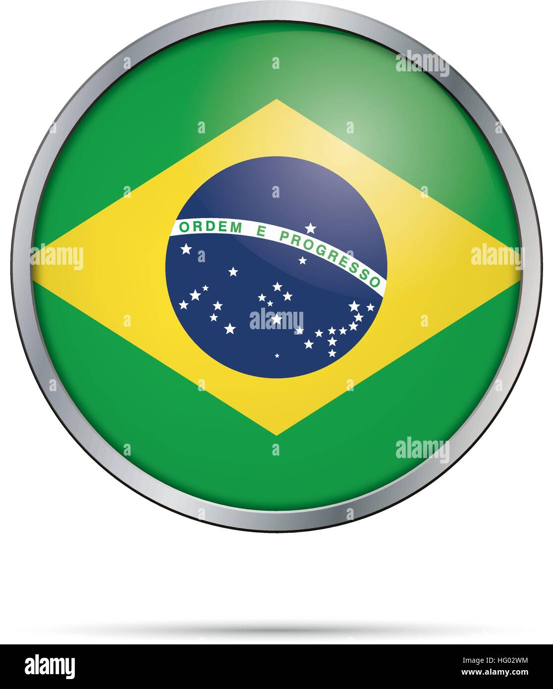Bouton vecteur drapeau brésilien. Drapeau du Brésil dans le style de bouton en verre ronde avec cadre métallique. Illustration de Vecteur
