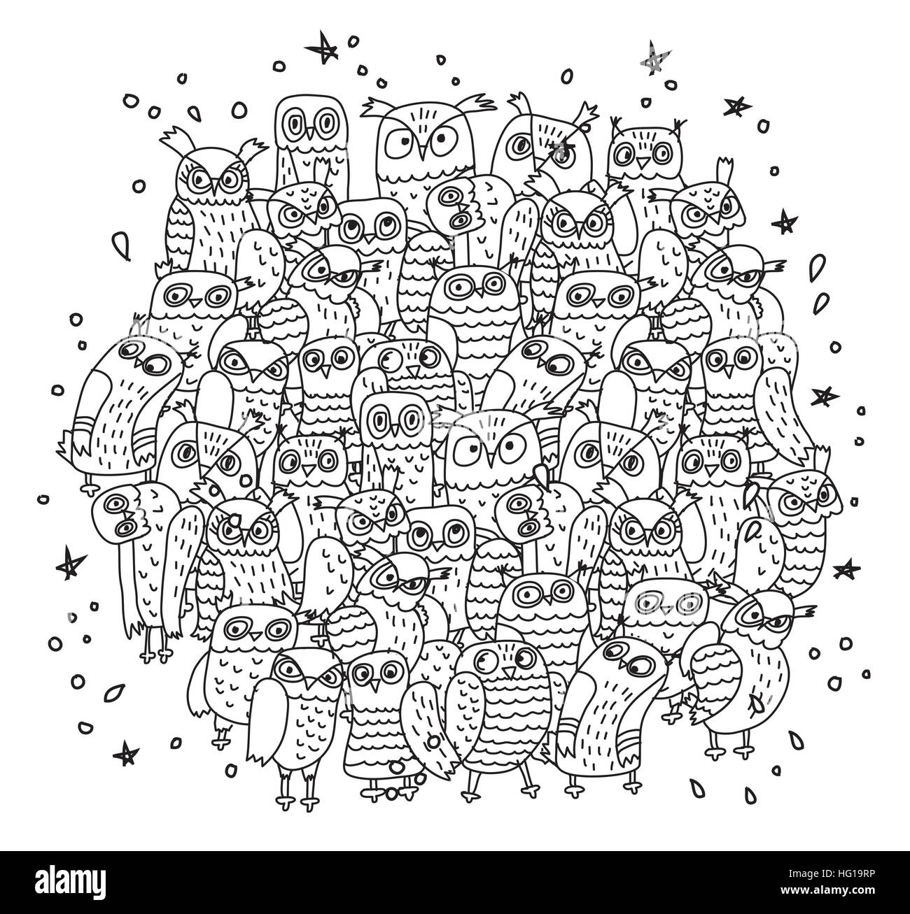 Doodles groupe oiseaux hiboux noir et blanc Illustration de Vecteur