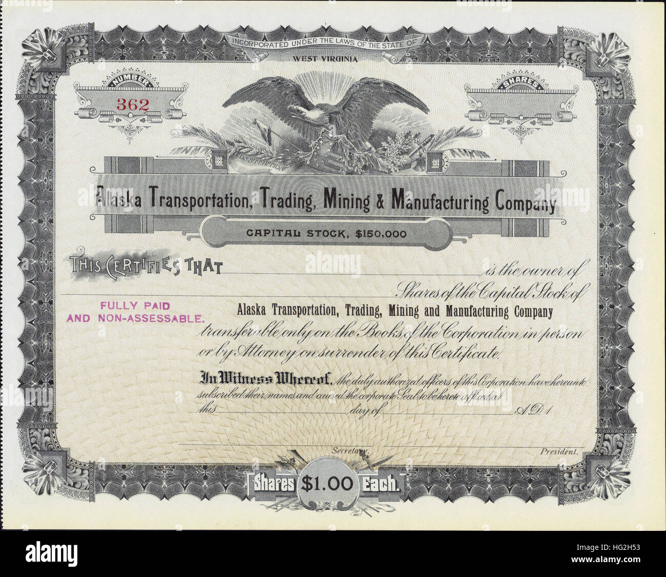 Années 1890, le transport de l'Alaska, le commerce, l'exploitation minière et de fabrication Stock Certificate - USA Banque D'Images