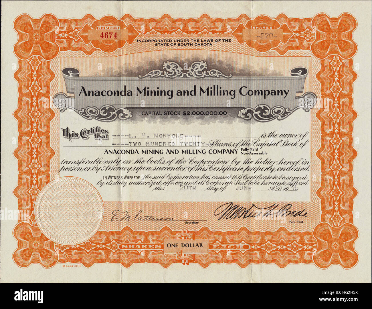 1936 L'exploitation minière et d'Anaconda Milling Company Stock Certificate - Deadwood, Dakota du Sud - USA Banque D'Images