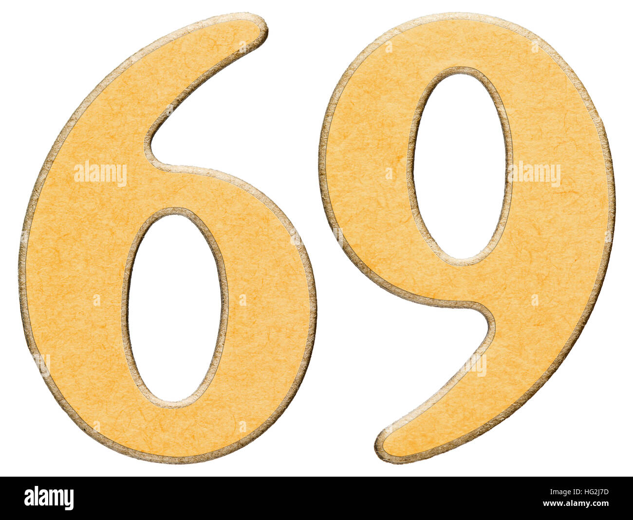 69, soixante-neuf, le chiffre de bois combiné avec insert, jaune isolé sur fond blanc Banque D'Images