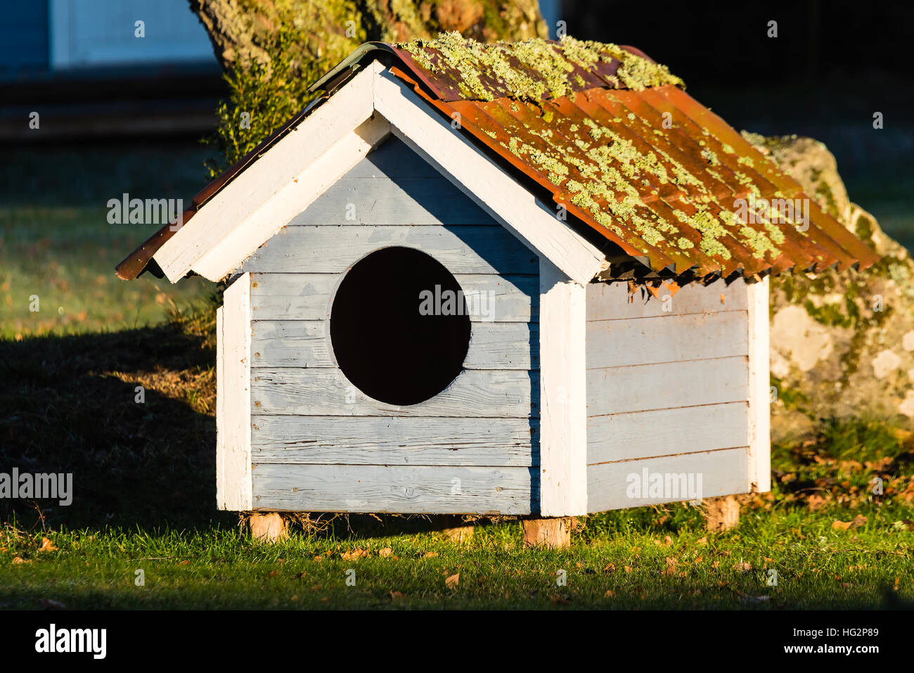 Petite niche avec trou circulaire et de lichens qui poussent sur le toit. Il a l'air vieux et abîmé. Banque D'Images