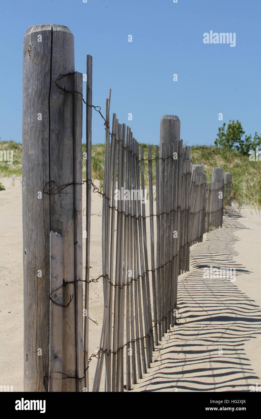 Une plage en bois clôture protège les dunes de sable ; vert de la végétation en arrière-plan ; ciel bleu pur Banque D'Images