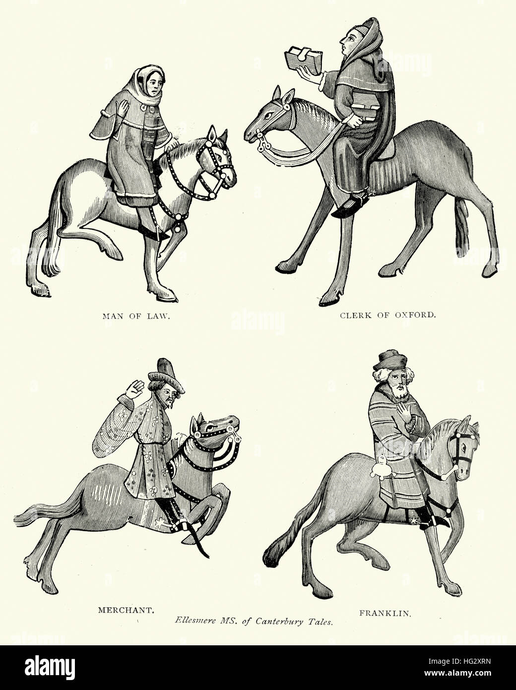 Personnages de Geoffrey Chaucer, les Contes de Canterbury, avocat, Greffier d'Oxford, marchand et Franklin Banque D'Images