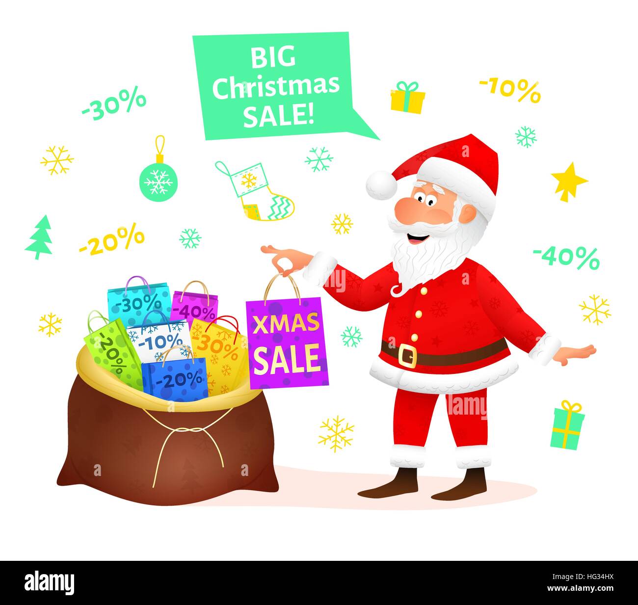 Vente de Noël. Homme de télévision funny character holding Xmas gift sur fond de Noël. Bannière d'escompte ou de modèle d'affiche. Noël Décoration design. Santa Claus cartoon vector illustration. Illustration de Vecteur