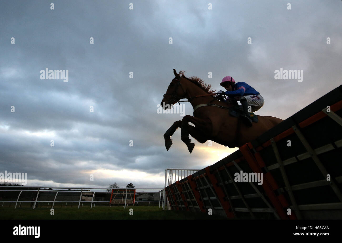 Dingo Dollar monté par Wayne Hutchinson efface la dernière clôture pour gagner la course de haies de jeune fille le calice, à l'Hippodrome de Bangor. Banque D'Images