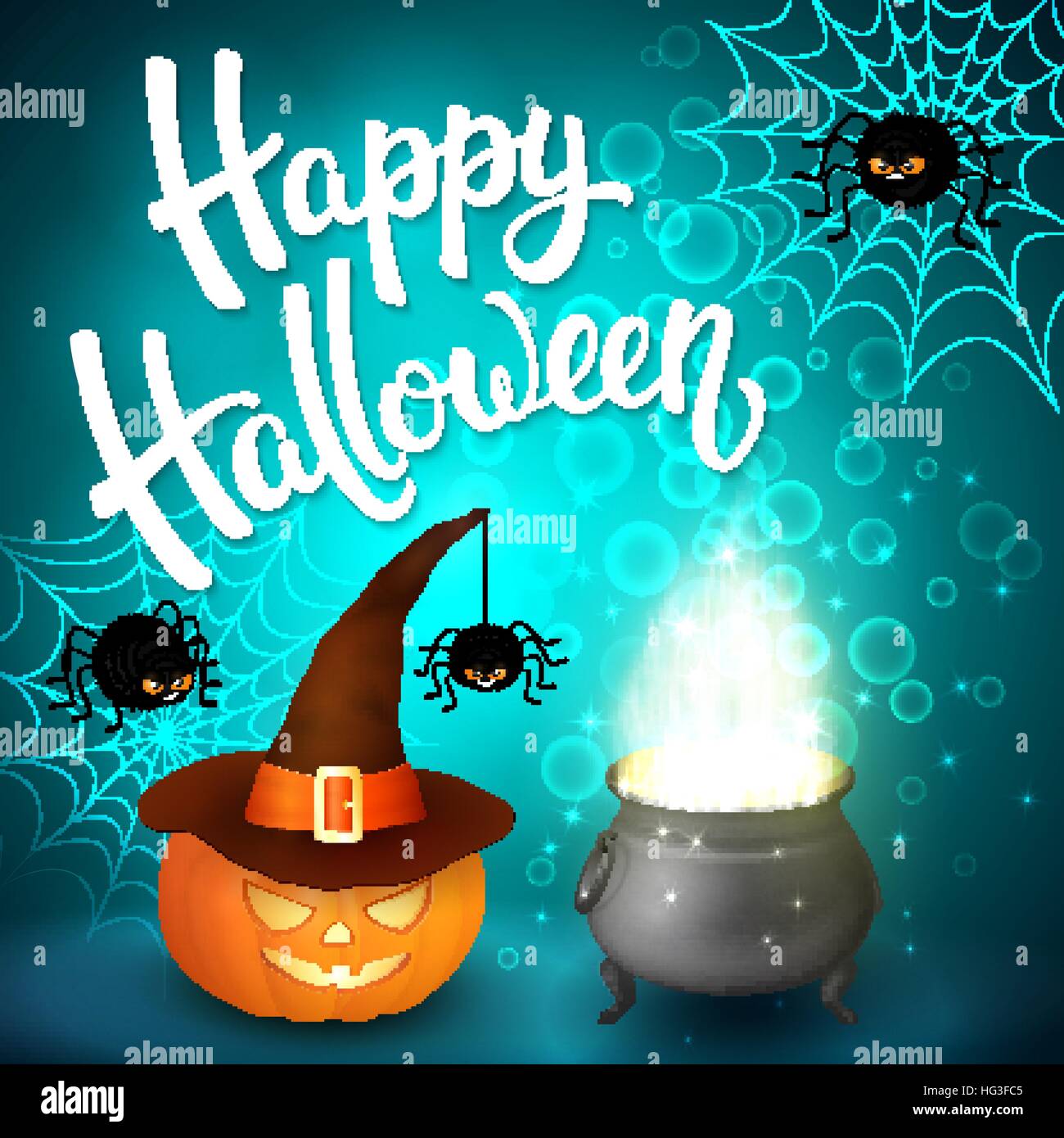 Carte de souhaits pour l'halloween avec chaudron de sorcière, hat, citrouille, en colère contre les araignées, net et badigeonner le lettrage sur fond bleu avec des bulles. Décoration pour poster, bannière, flyer design. Vector illustration. Illustration de Vecteur Carte de souhaits pour l'halloween avec chaudron de sorcière, hat, citrouille, en colère contre les araignées, net et badigeonner le lettrage sur fond bleu avec des bulles. Décoration pour poster, bannière, flyer design. Vector illustration. Illustration de Vecteur