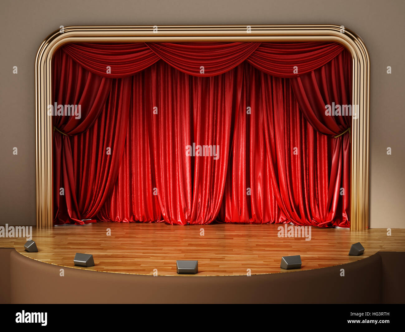 Scène de théâtre avec rideau rouge fermé. 3D illustration. Banque D'Images