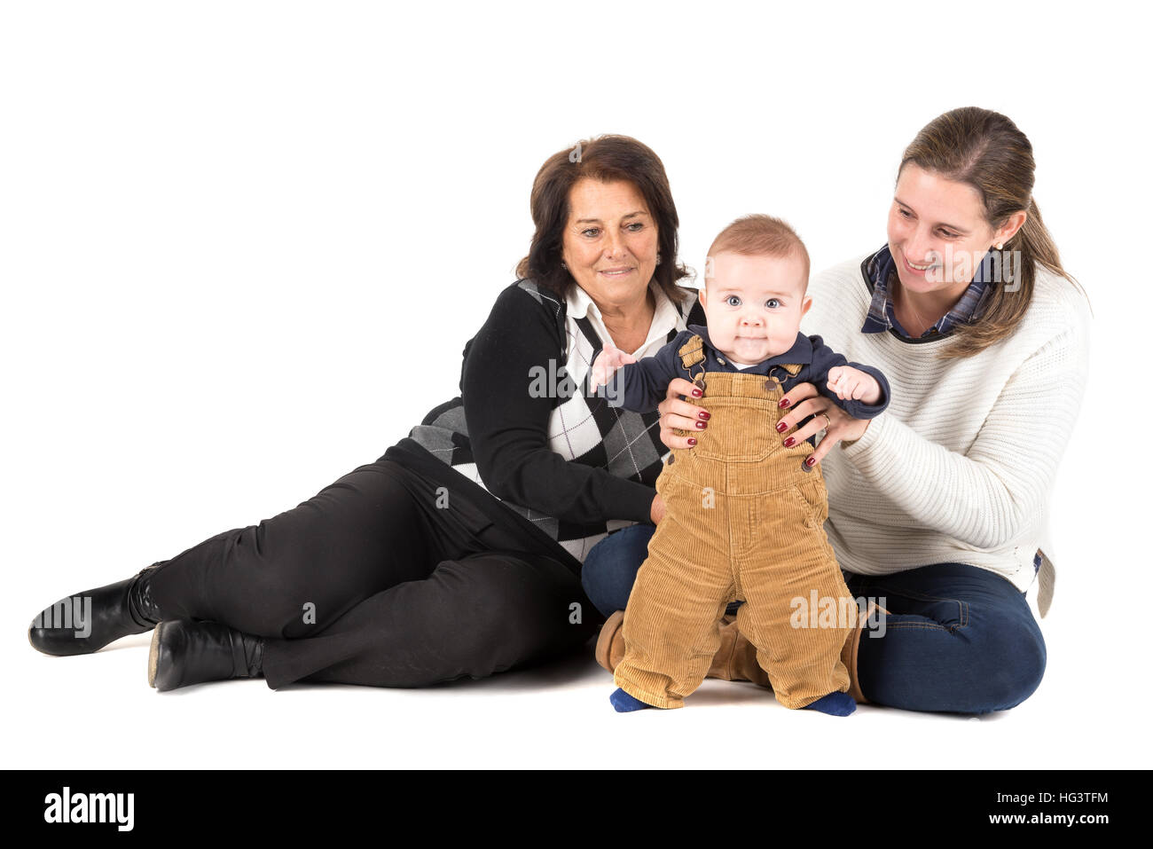 Belle famille de grand-mère, la mère et l'enfant isolé en blanc Banque D'Images