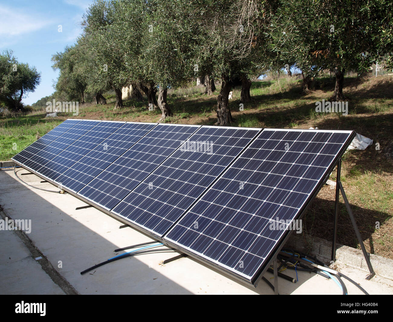 Banques centrales de panneaux solaires utilisés pour produire de l'électricité domestique dans oliveraie à Corfou Grèce Banque D'Images