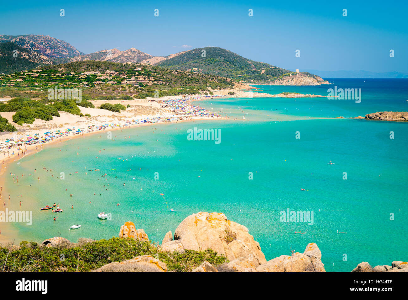 Panorama des merveilleuses plages de Chia, Sardaigne, Italie. Banque D'Images