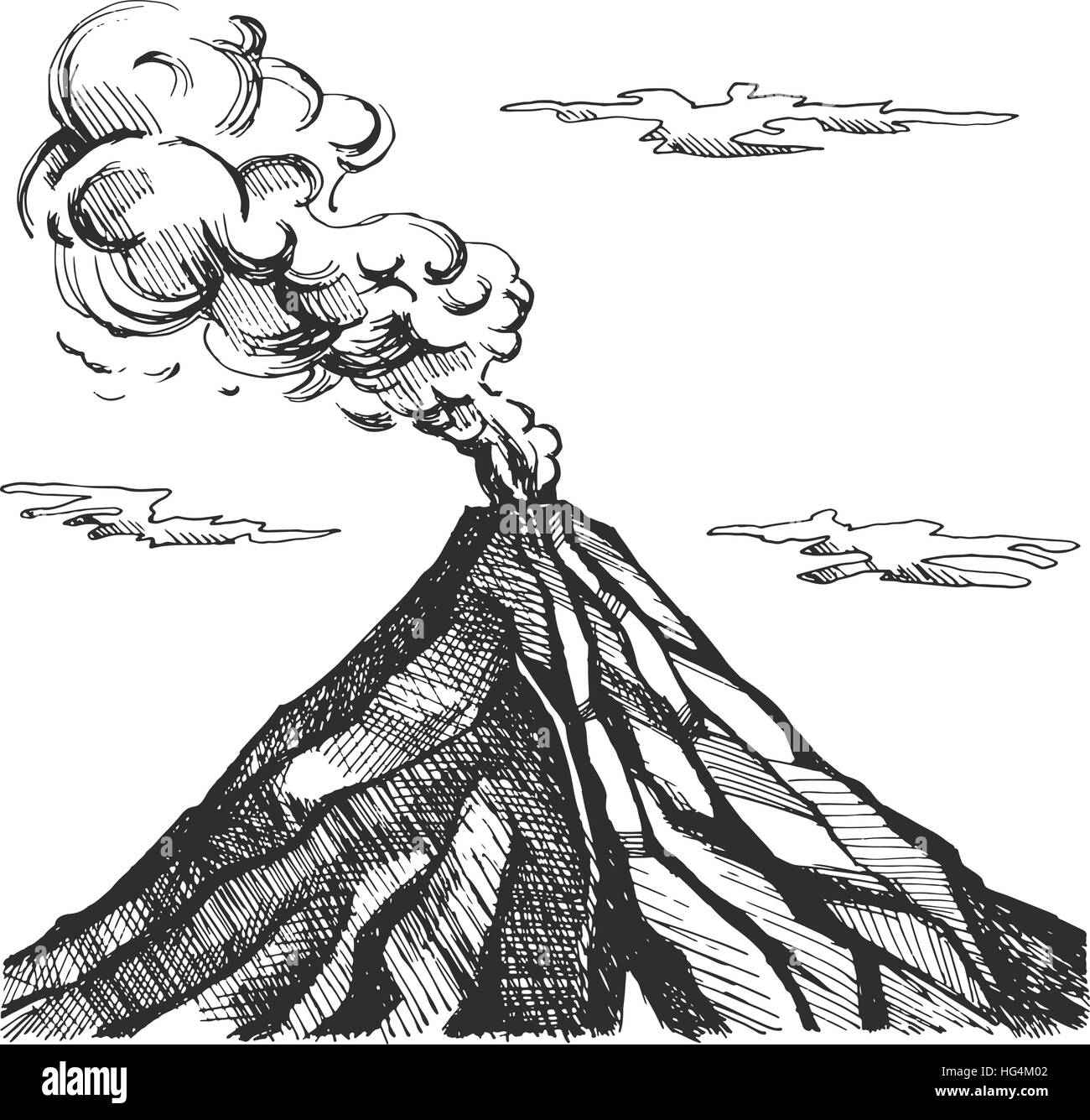 Dessin vectoriel du volcan. L'éruption et la fumée contre le ciel avec les nuages. Illustration de Vecteur