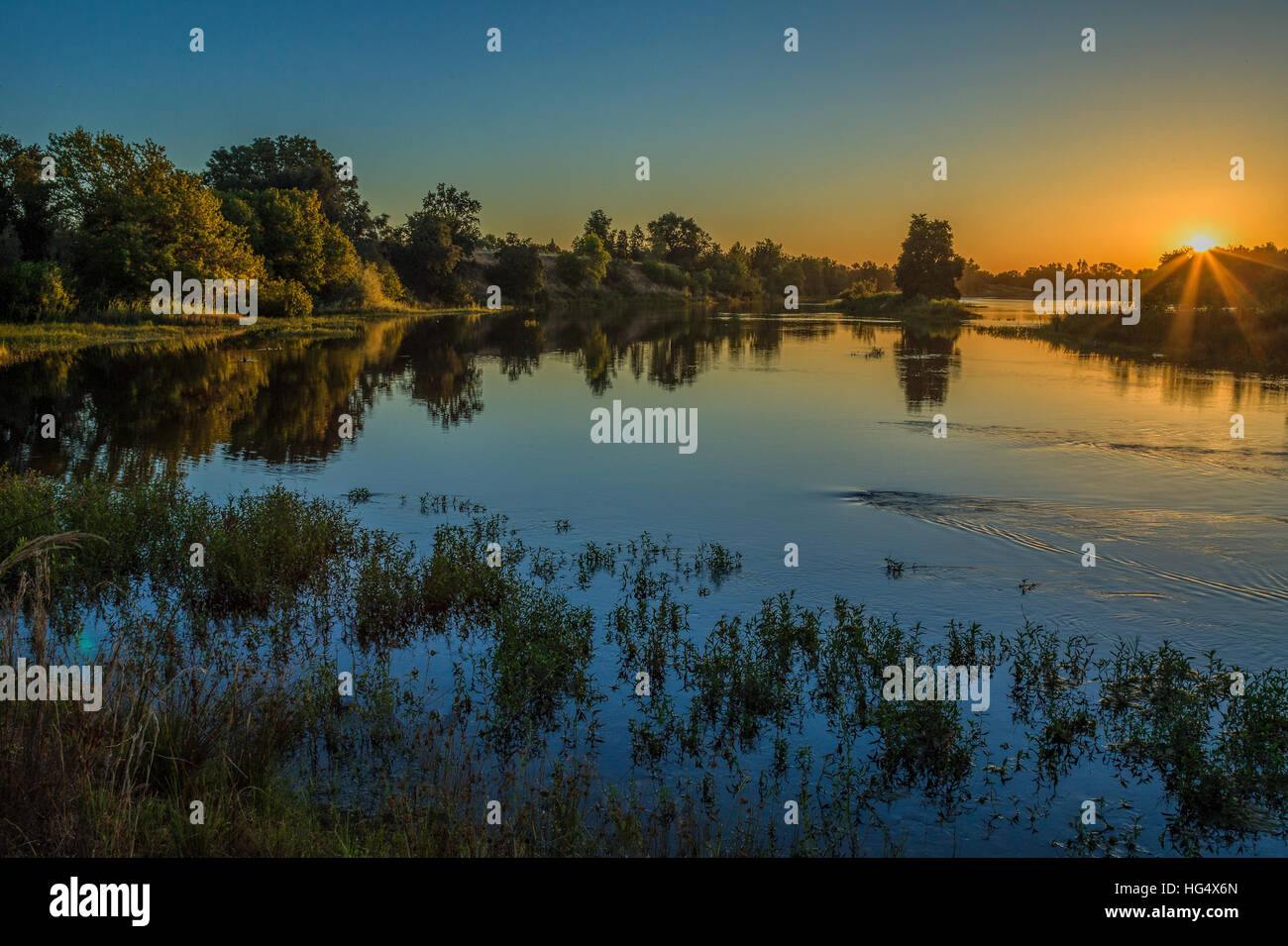 Le lever du soleil, American River, Sacramento, Californie Banque D'Images