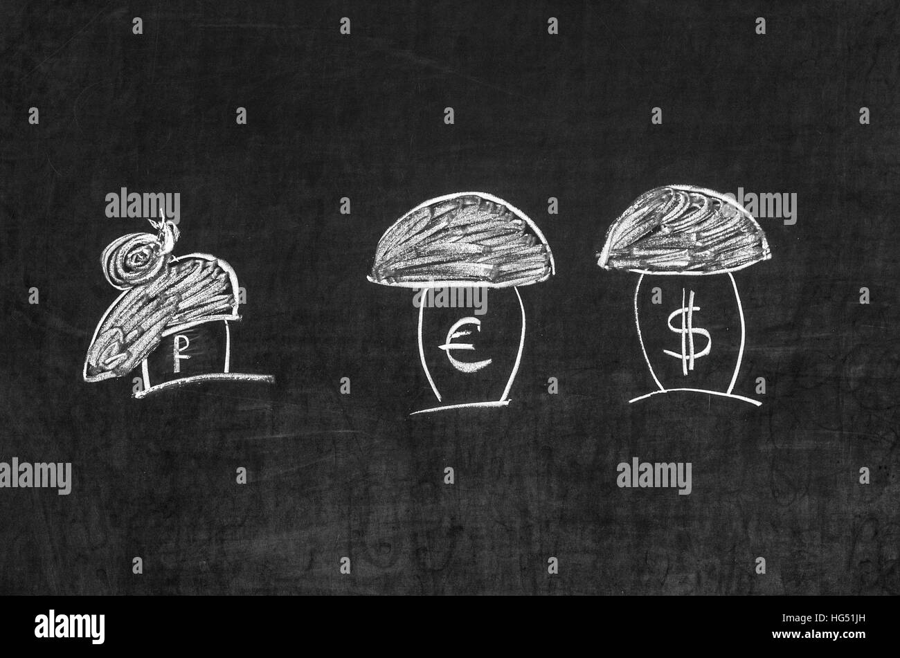 Dollar, l'euro et le rouble illustré comme les champignons Banque D'Images