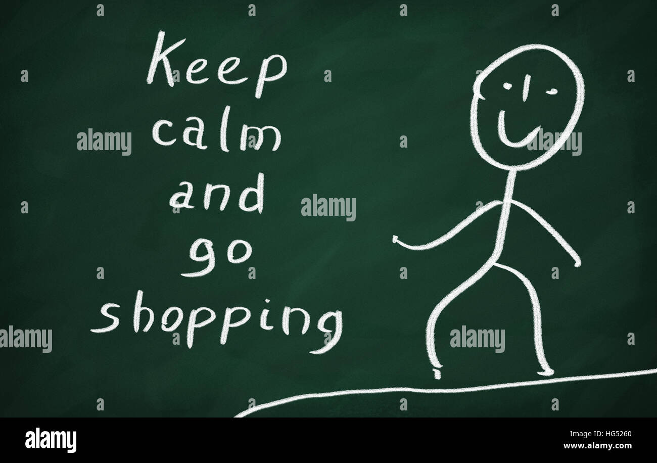 Sur le tableau noir dessiner et écrire des caractères garder son calme et faire du shopping Banque D'Images