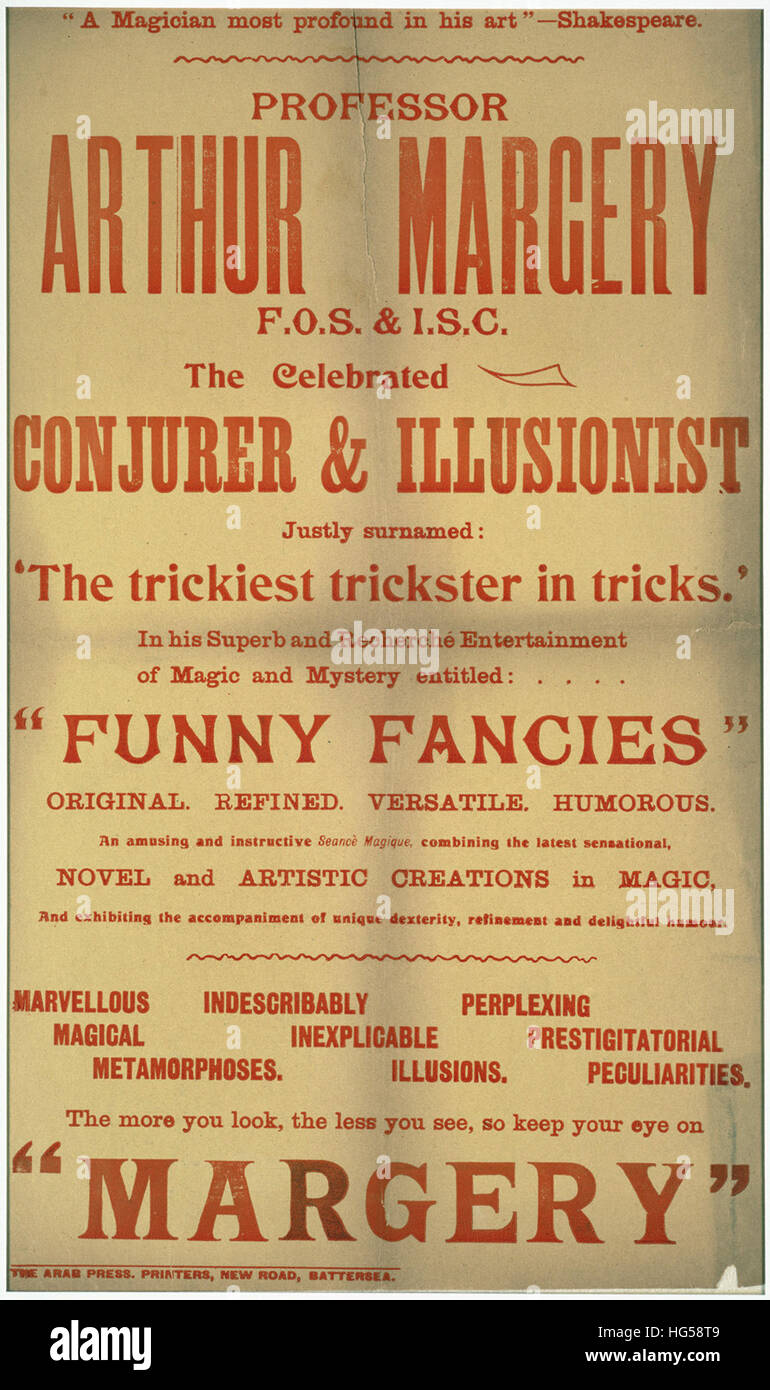 Affiche de cirque - Professeur Arthur Margery F.O.S & I.S.C.   Le célèbre prestidigitateur et illusionniste Banque D'Images