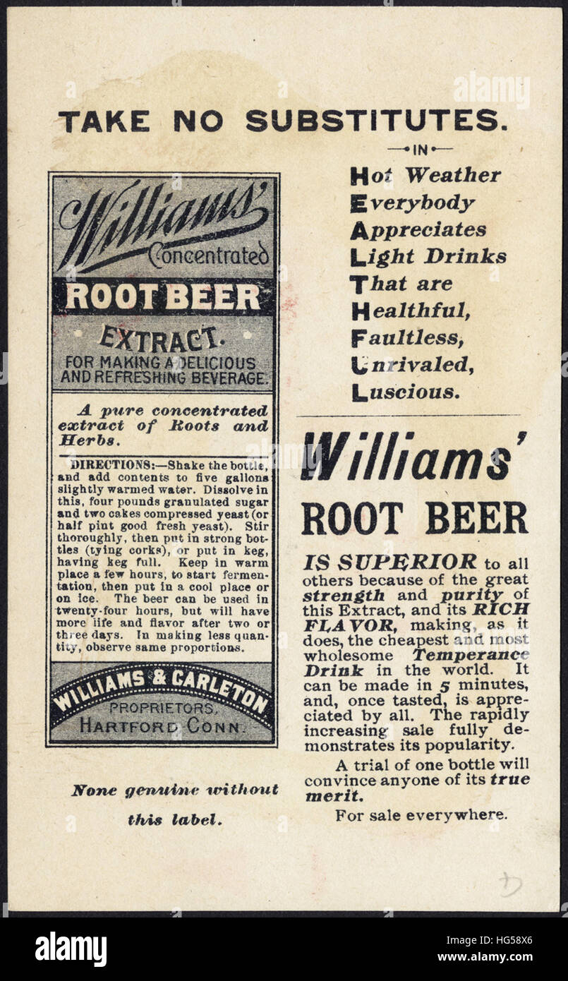 Commerce de boissons Cartes - Williams' extrait de la racinette fabriquée par Williams & Carleton, Hartford, Conn. de la grande famille boire. [Retour] Banque D'Images