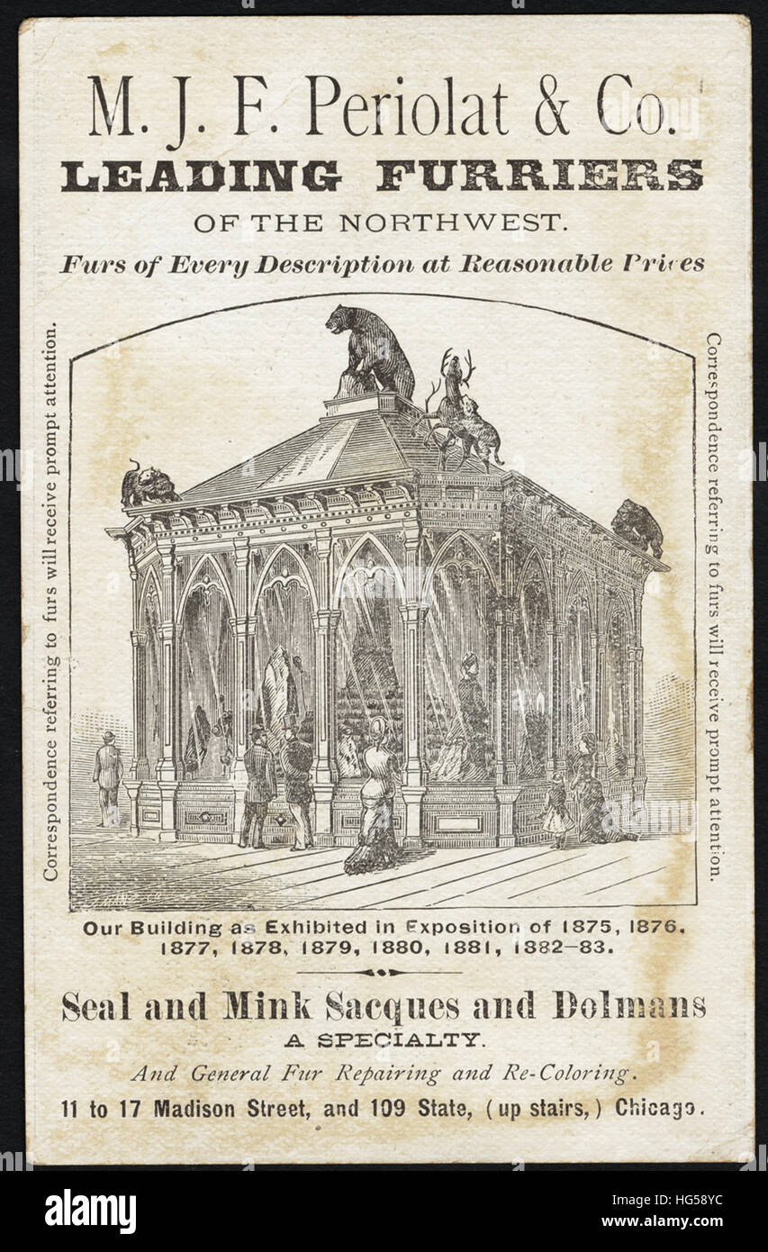 Le commerce du vêtement Cartes - M. J. F. Periolat & Co. des fourreurs du nord-ouest. Les fourrures de toutes sortes à des prix raisonnables. [Retour] Banque D'Images