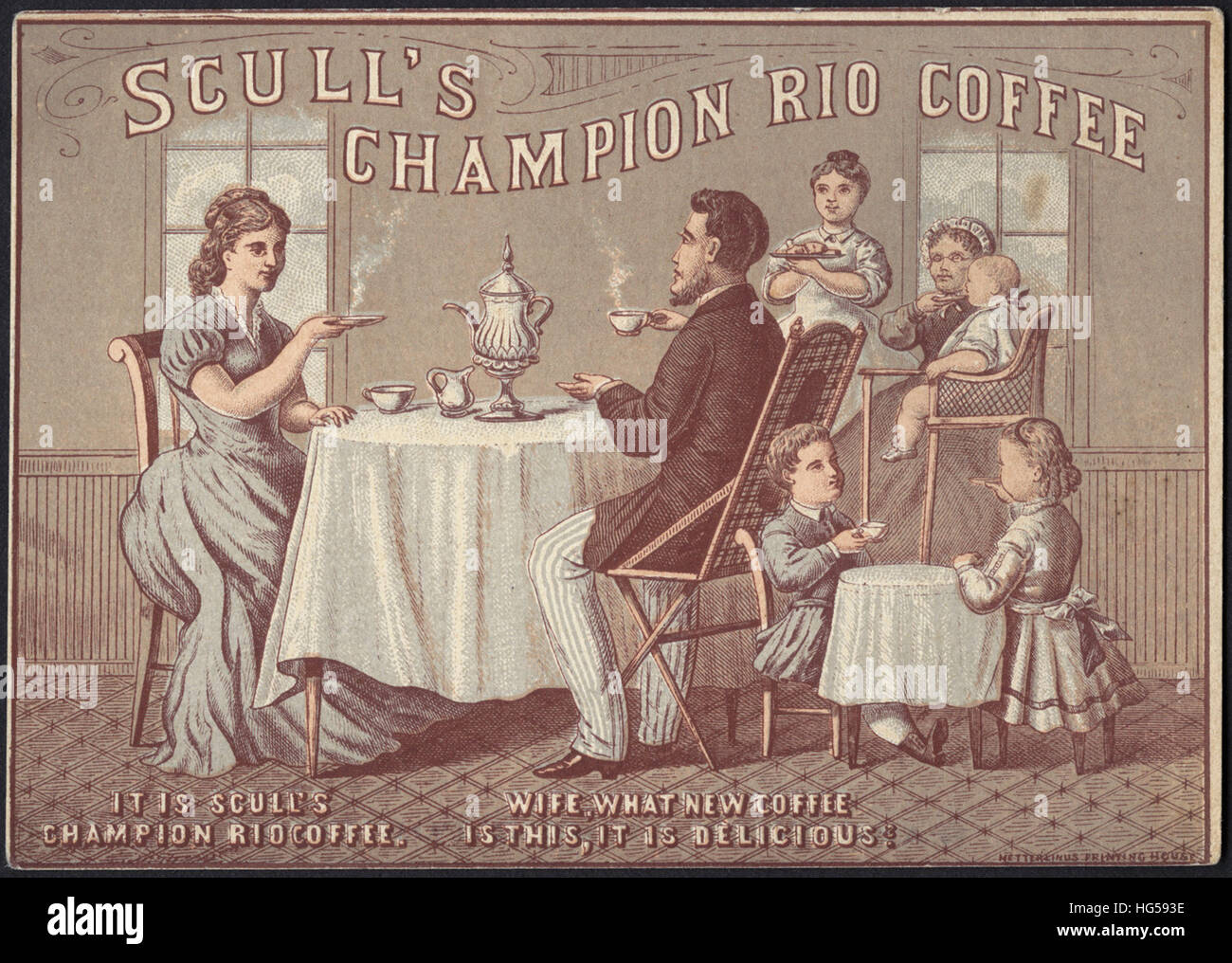 Commerce de boissons Cartes - Scull's Café Rio - femme, quel est ce nouveau café, c'est délicieux ! Il est le champion de la godille Café Rio. Banque D'Images