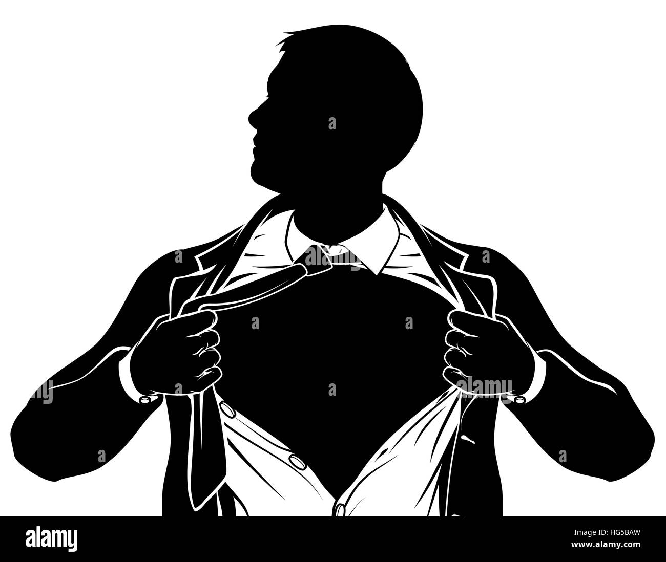 Un super homme d'affaires de déchirer sa chemise montrant la poitrine de son costume en-dessous avec copyspace Banque D'Images