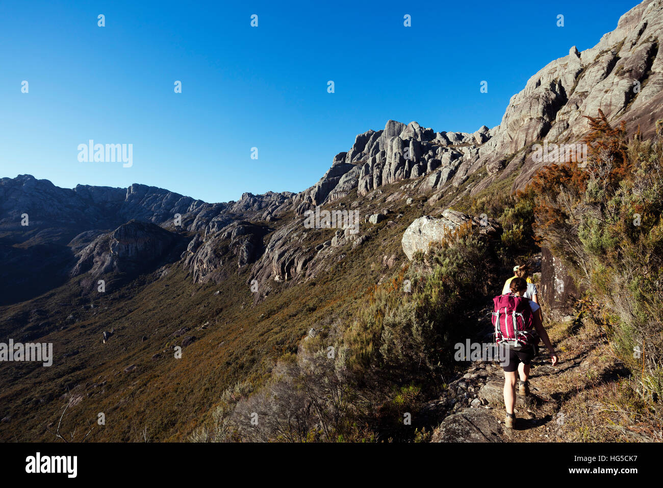 Les randonneurs à pied au Pic Boby, Parc National de l'Andringitra, Ambalavao, zone centrale Banque D'Images