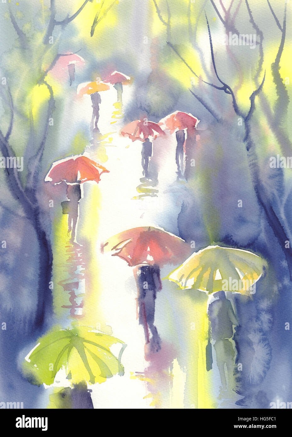 Parapluies dans la pluie aquarelle Banque D'Images