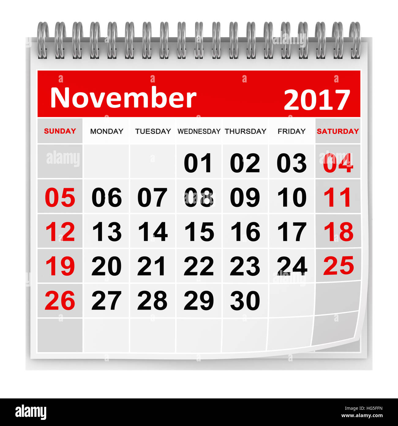 Calendrier - NOVEMBRE 2017 , c'est un rendu 3d'image de synthèse. Isolé sur blanc. Banque D'Images