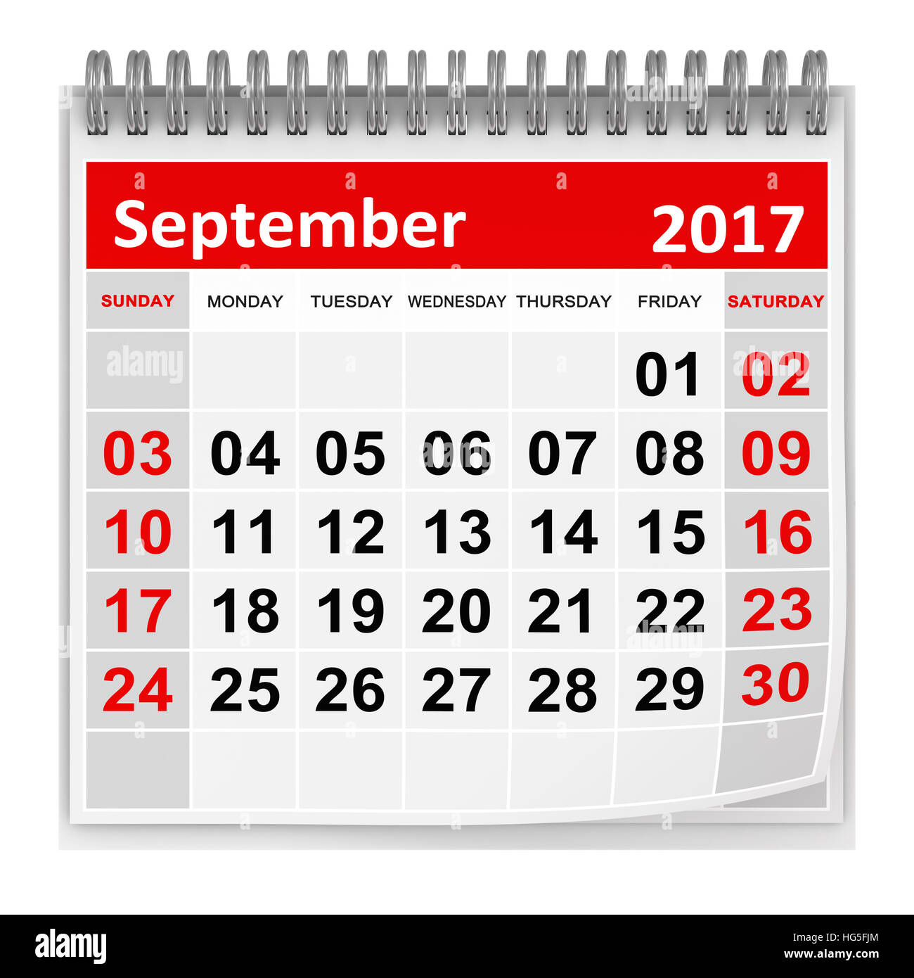 Calendrier - SEPTEMBRE 2017 , c'est un rendu 3d'image de synthèse. Isolé sur blanc. Banque D'Images