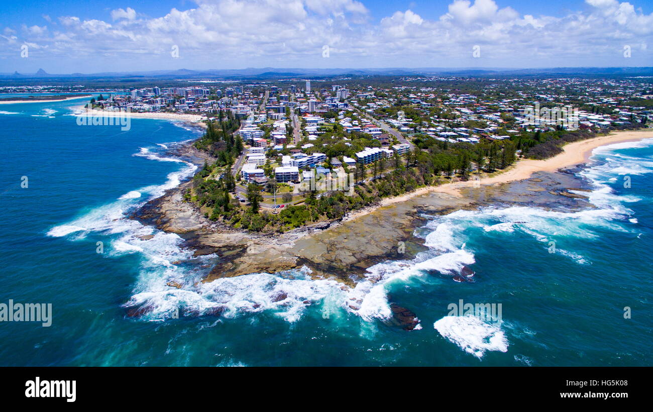 Point de vue aérienne Wickham, Shelly Beach et Kings Beach à Maroochydore sur la Sunshine Coast du Queensland, Australie. Banque D'Images
