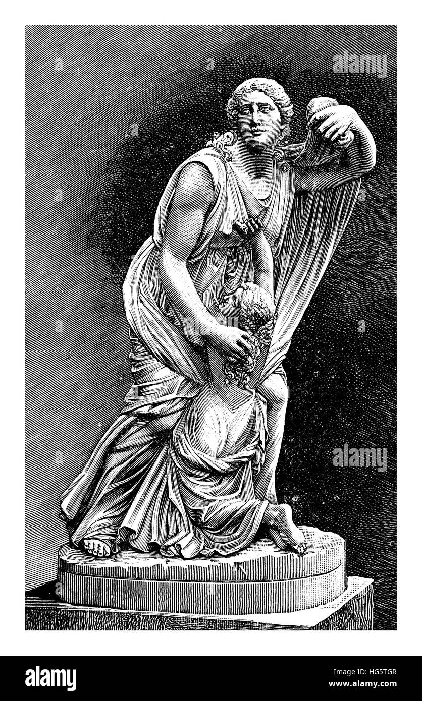 Ancienne statue en marbre de Niobe abritant sa fille, fouillé à Rome en 1583, maintenant en galerie des Offices de Florence, gravure XIX siècle Banque D'Images