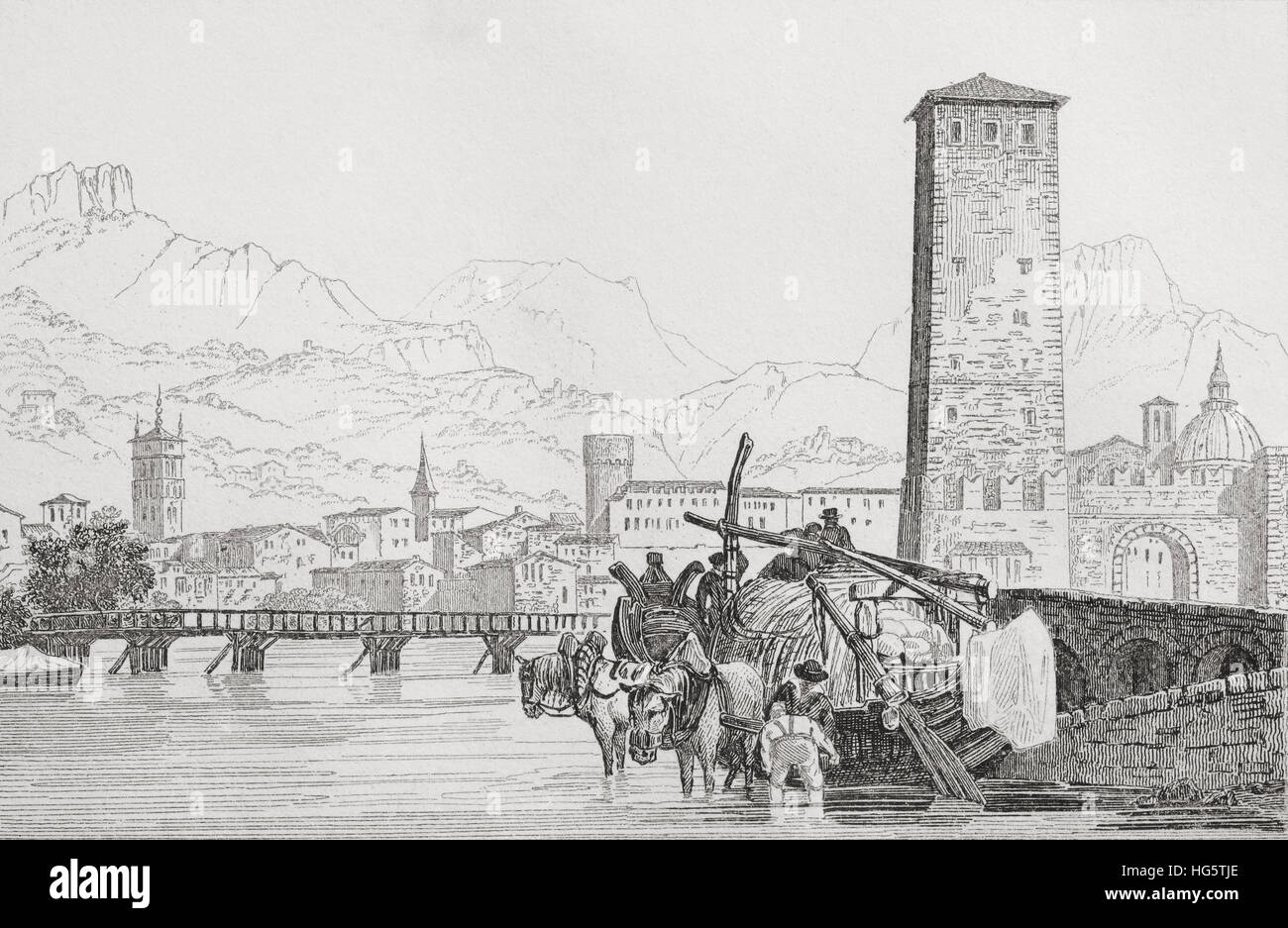 Trente, trient, Italie. Gravure sur acier 19ème siècle. Banque D'Images