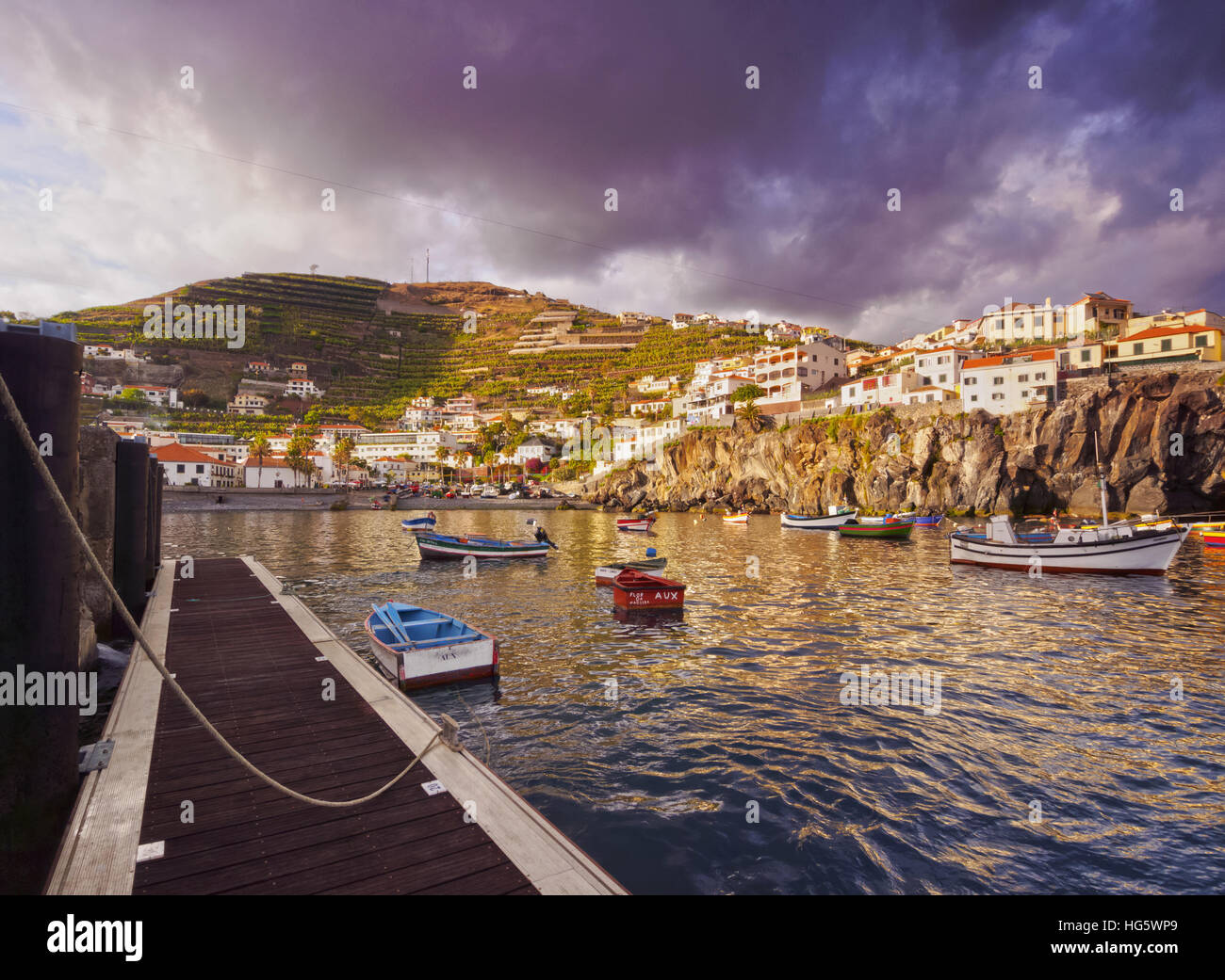 Portugal, Madère, vue sur le port des pêcheurs dans la Camara de Lobos. Banque D'Images