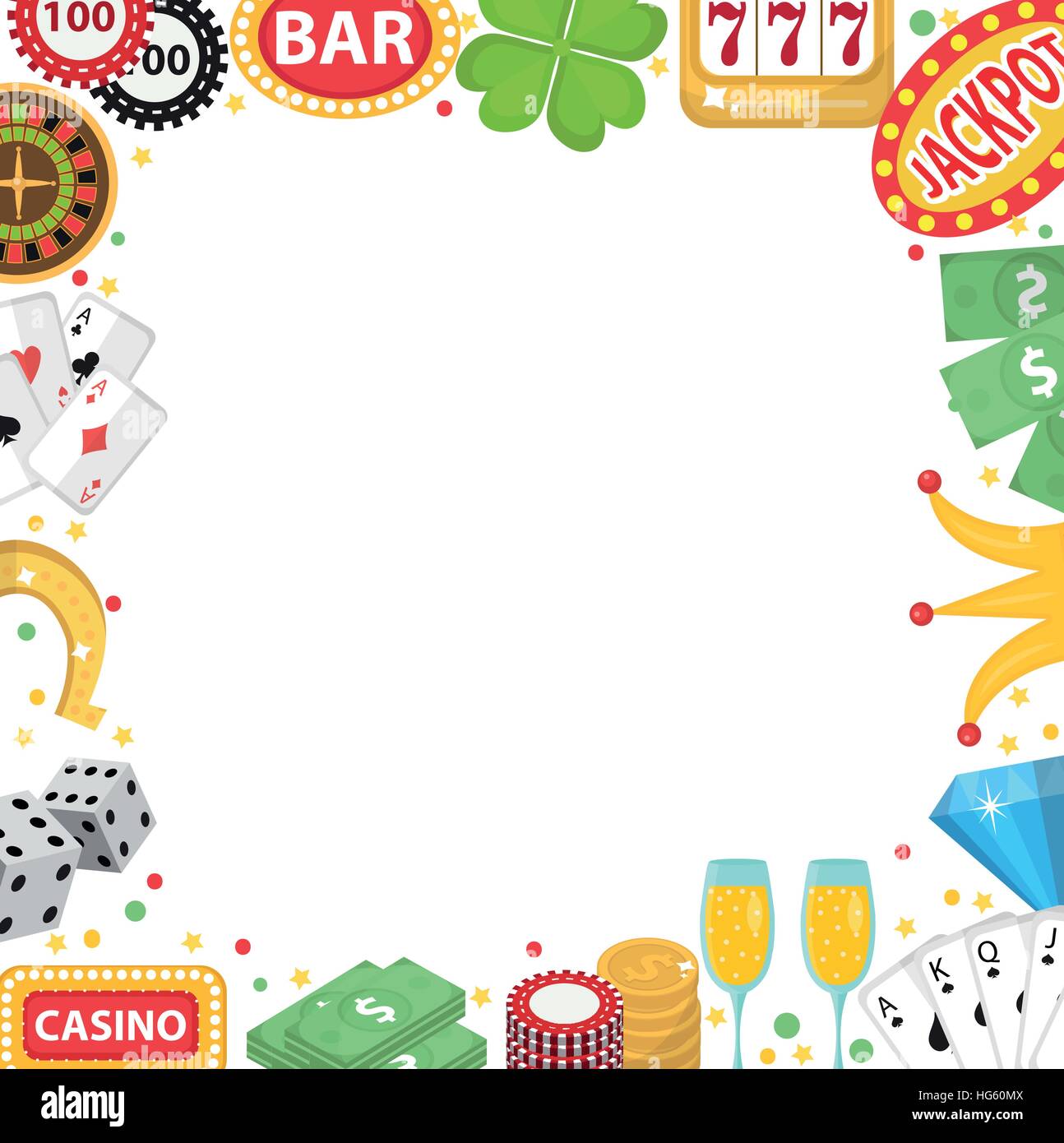 Châssis avec Casino espace pour texte. Le jeu isolé sur un fond blanc. Poker, jeux de cartes, bandit manchot, roulette. Illustration vectorielle, clip art. Illustration de Vecteur