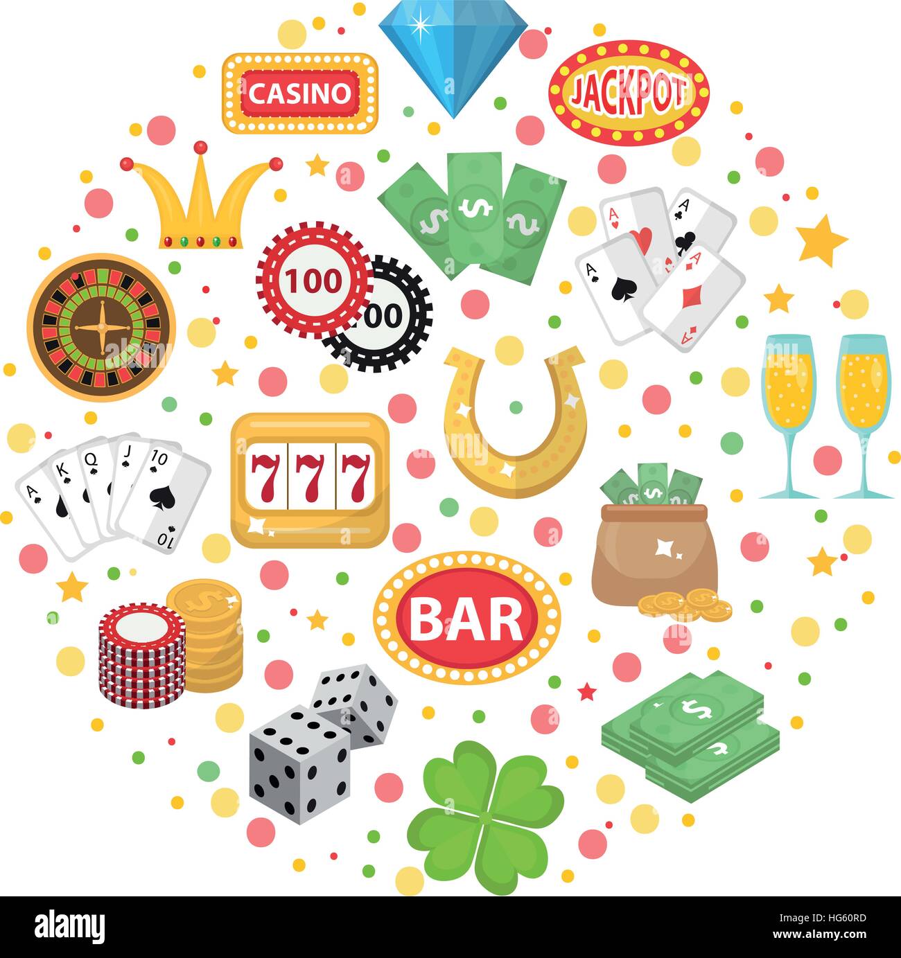 Casino d'icônes dans la forme ronde télévision style. Jeu de hasard isolé sur un fond blanc. Poker, jeux de cartes, bandit manchot, roulette collection d'éléments de conception. Illustration vectorielle, clip art. Illustration de Vecteur