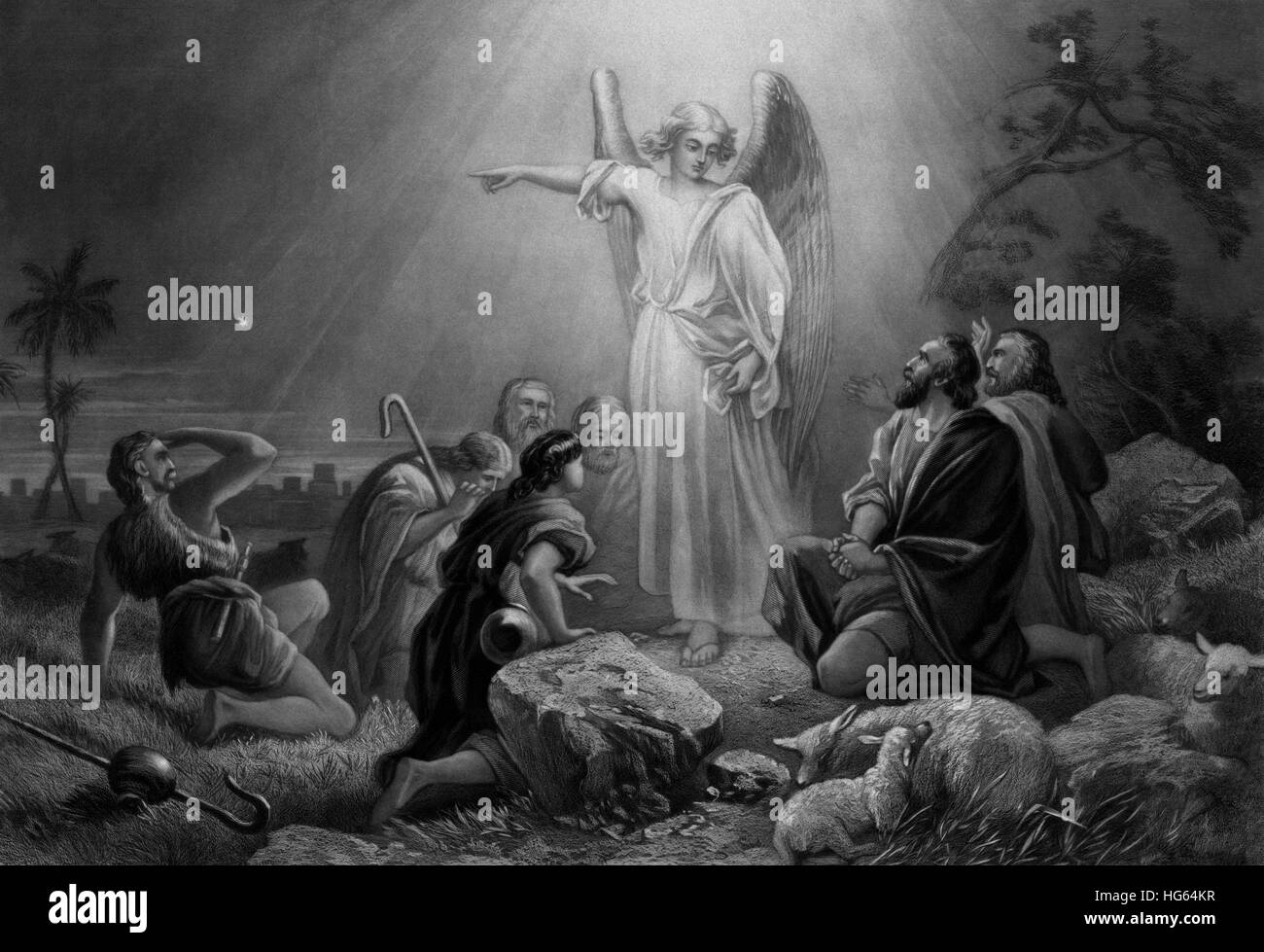 L'Ange Gabriel annonçant la naissance de Jésus aux bergers. Banque D'Images