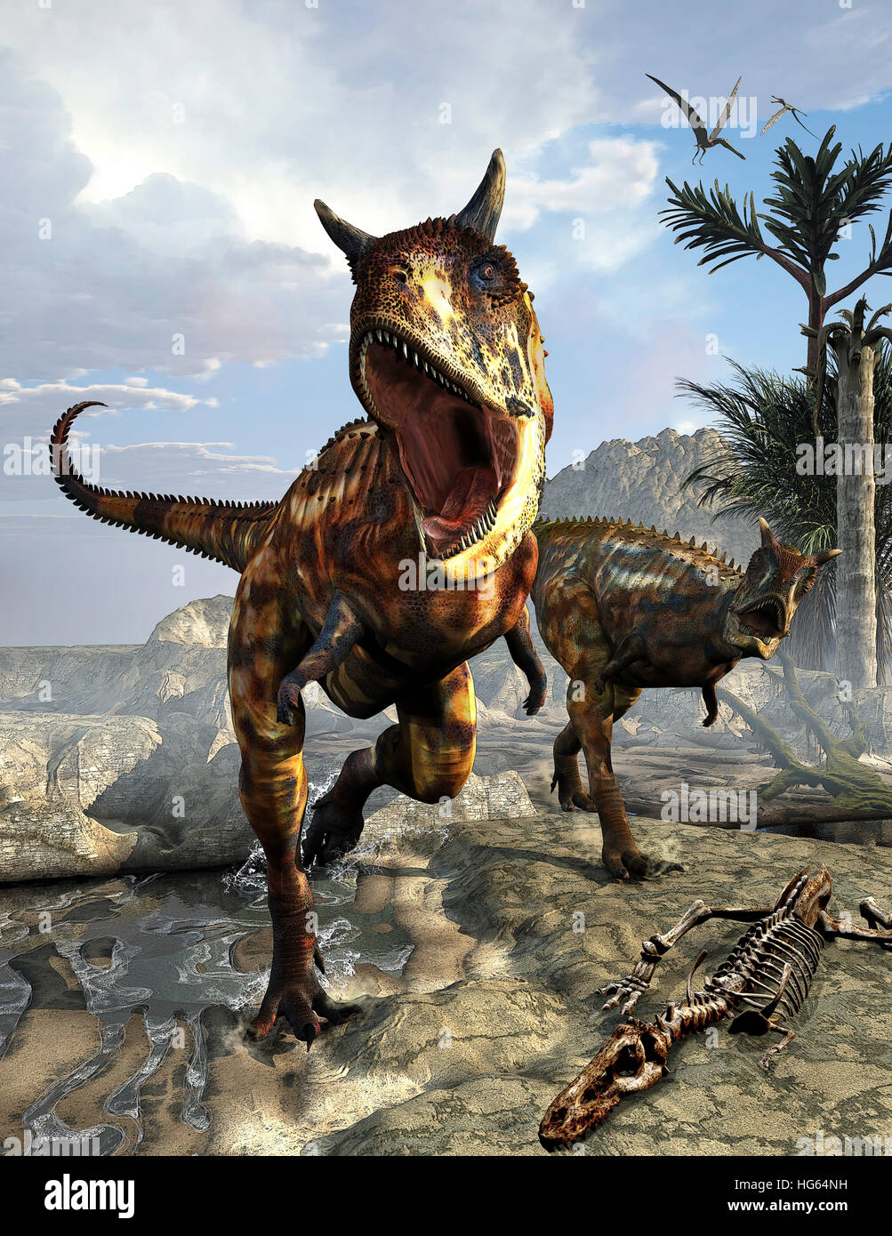 Une paire de Carnotaurus dinosaures la chasse pour la nourriture. Banque D'Images
