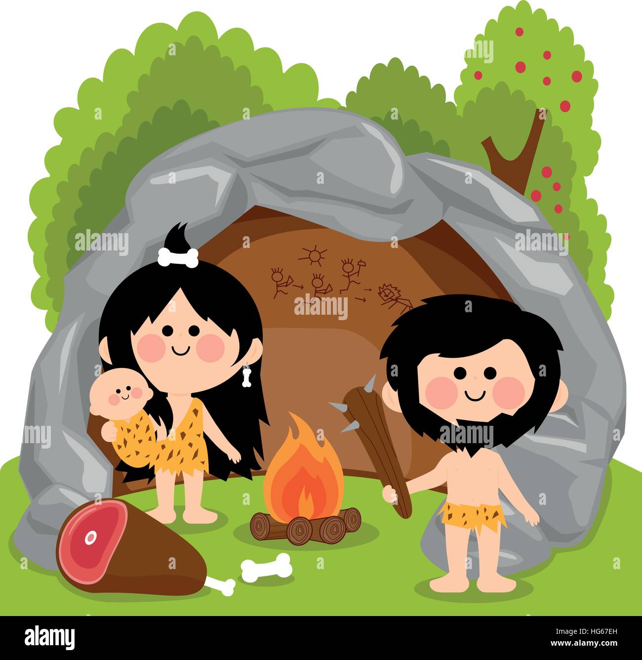 Famille des hommes des cavernes dans une grotte en pierre. Homo sapiens primitifs préhistoriques dans la grotte de pierre. Illustration vectorielle Illustration de Vecteur