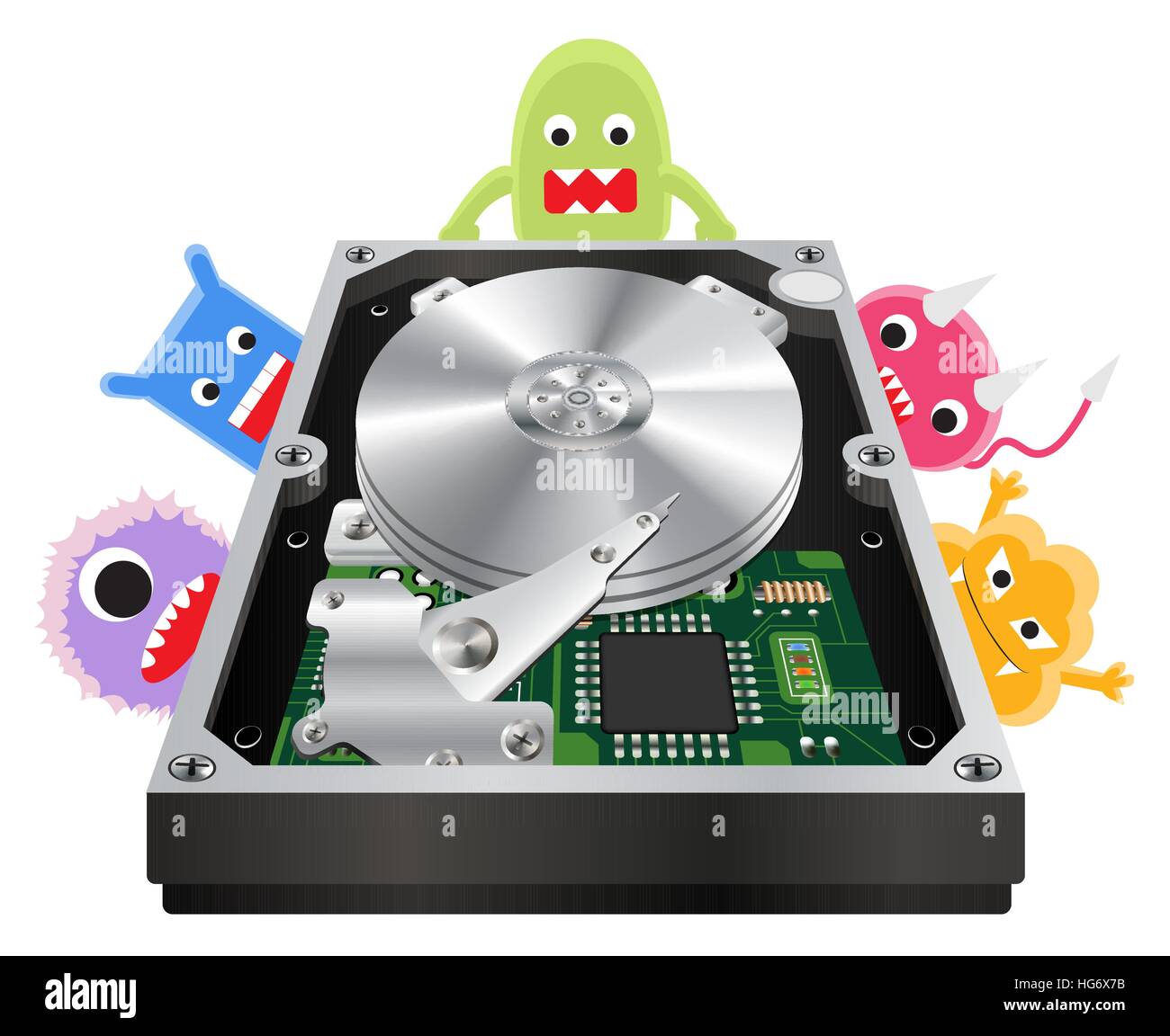 À l'intérieur d'un disque dur interne avec un virus ordinateur Illustration de Vecteur