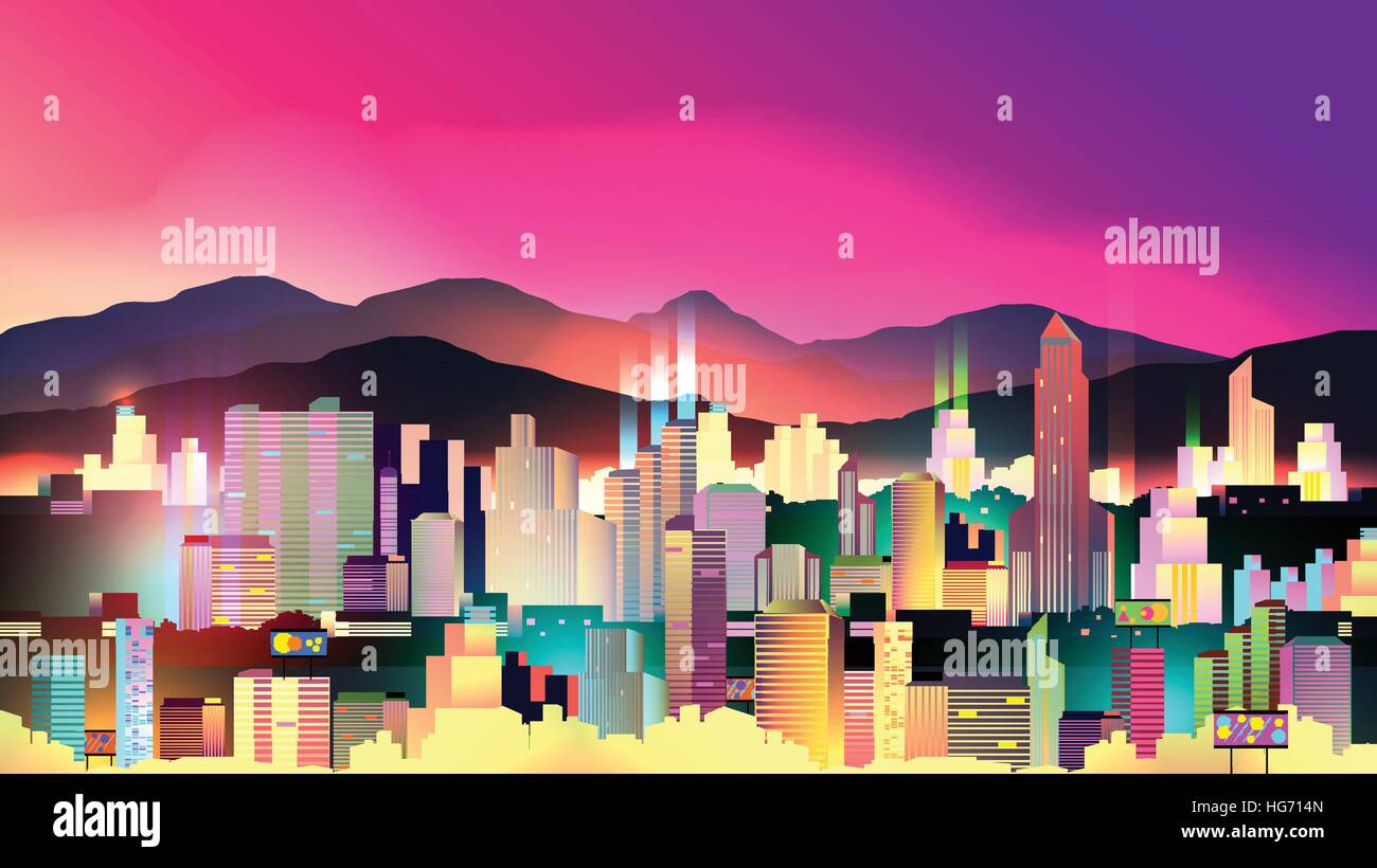 La ville nocturne animée avec Neon Glow - Vector Illustration Illustration de Vecteur