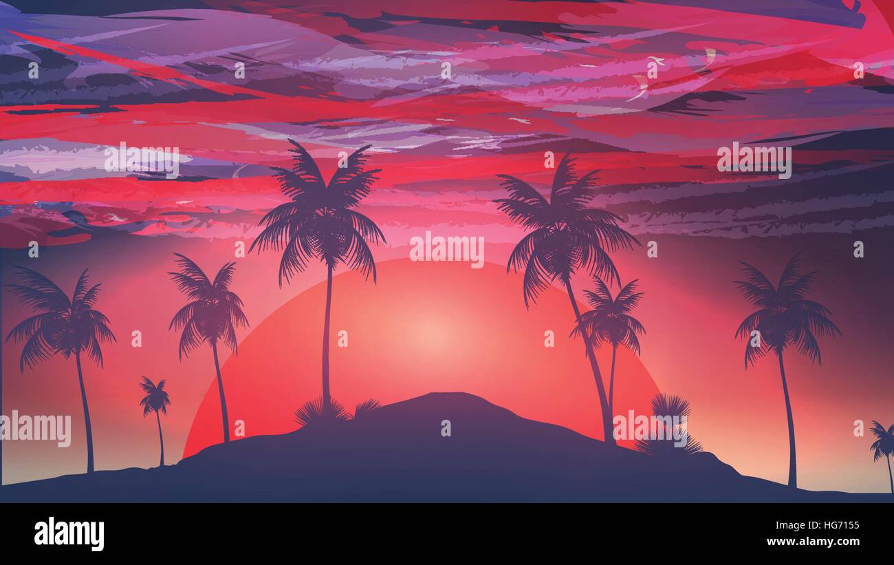 Red Sunset île tropicale, les nuages de tempête - Vector Illustration Illustration de Vecteur