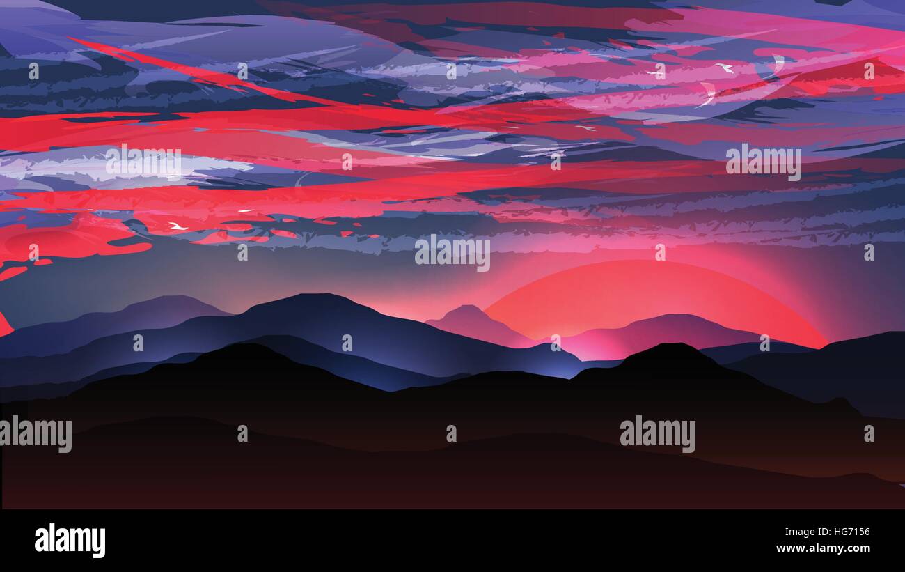 Red Sunset Mountain avec les nuages de tempête - Vector Illustration Illustration de Vecteur